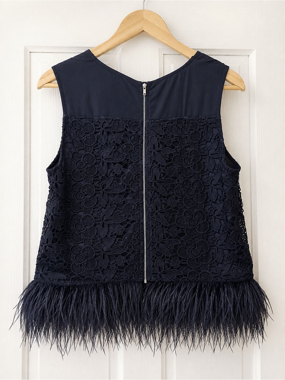 Anthropologie Greylin Womens Top L Navy Lace Sleeveless Zip Ostrich Feathers bb